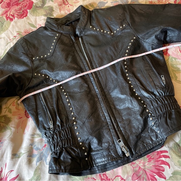 Vintage 80s Black Leather Jacket STUD Zip-Front YKK Silver HW Rock-N-Roll Biker - Picture 12 of 16